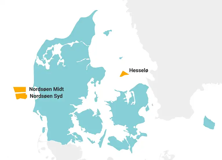 Kort med tre nye dansk havvindmølleparker 